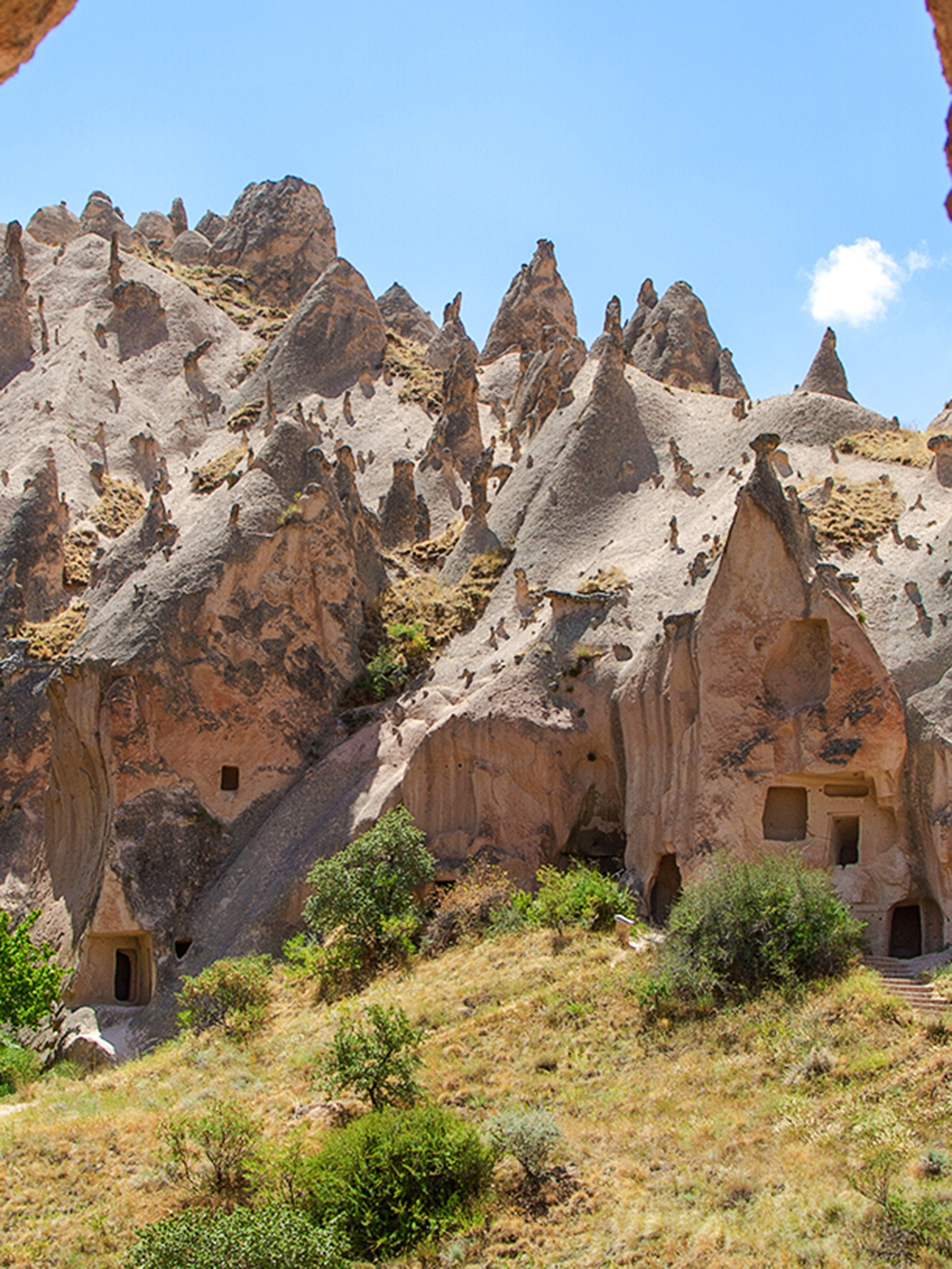 Rock formations and cave dwellings at Zelve Open Air Museum, Cappadocia.
