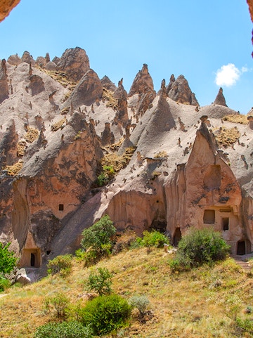 Rock formations and cave dwellings at Zelve Open Air Museum, Cappadocia.