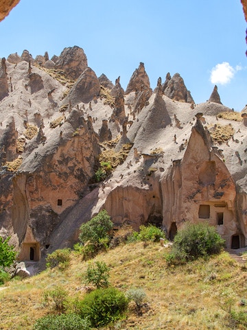 Rock formations and cave dwellings at Zelve Open Air Museum, Cappadocia.
