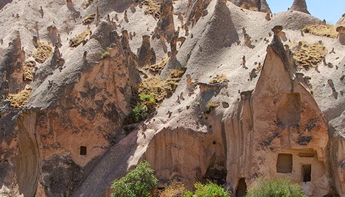 Rock formations and cave dwellings at Zelve Open Air Museum, Cappadocia.