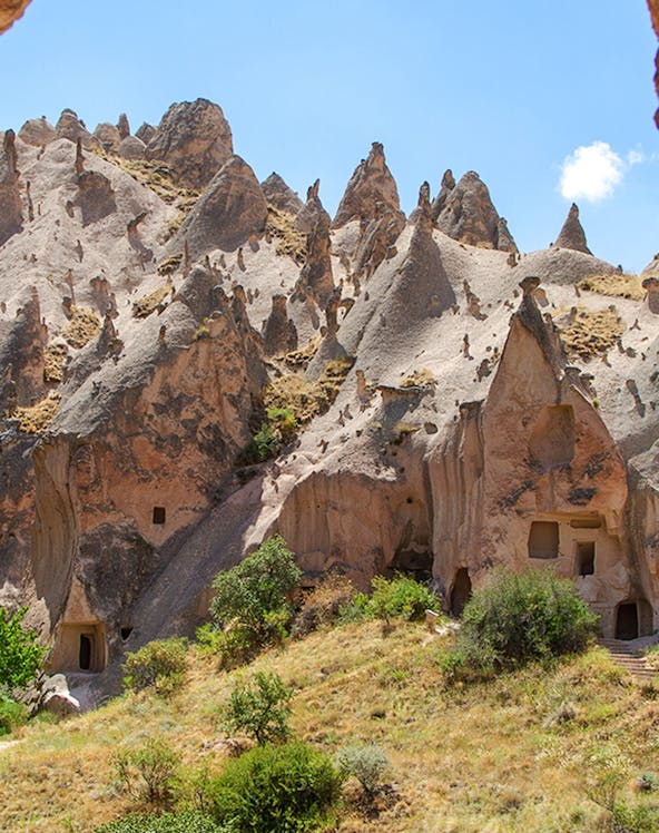Rock formations and cave dwellings at Zelve Open Air Museum, Cappadocia.