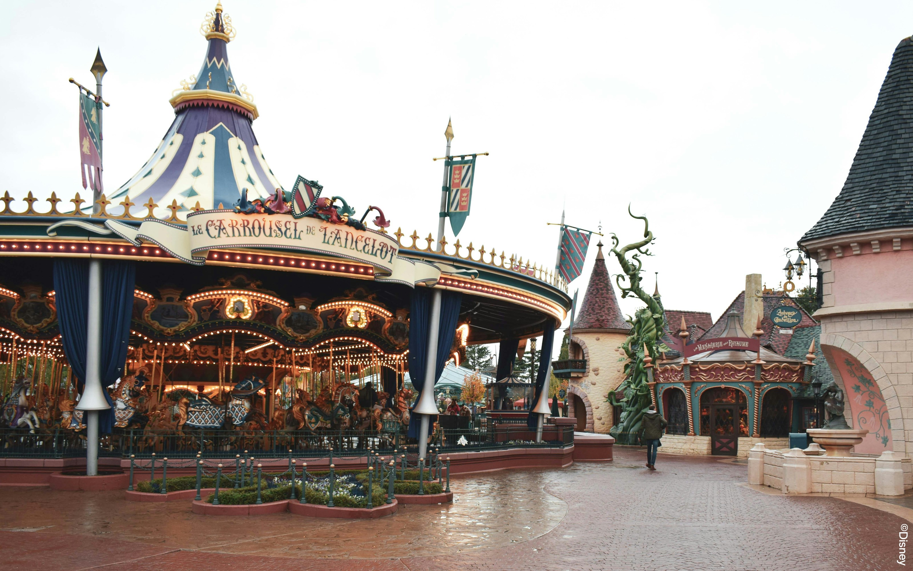 Carousel in Fantasyland, Disneyland Paris with medieval-themed decor.
