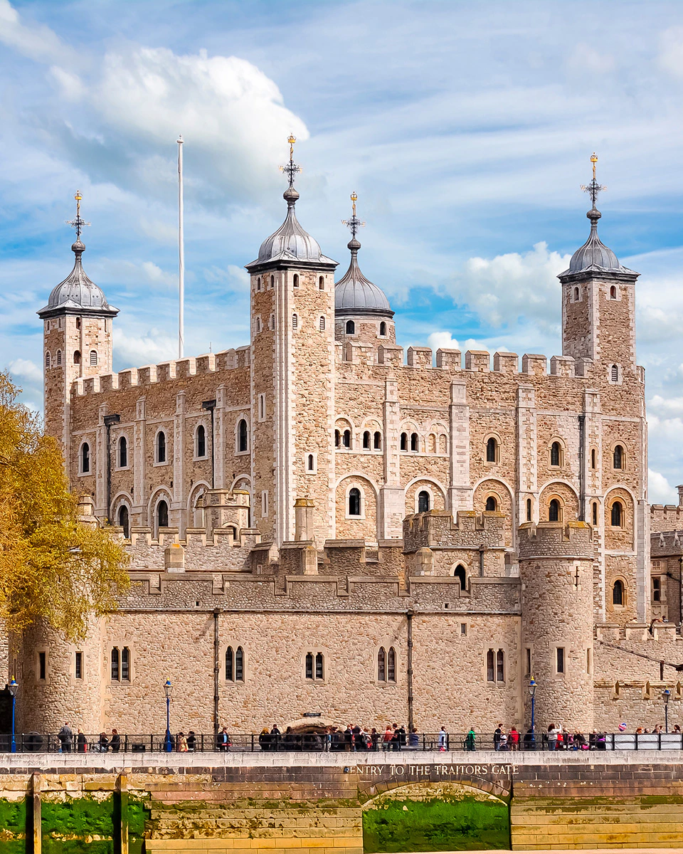 Tower of London with historic stone walls and turrets, United Kingdom.