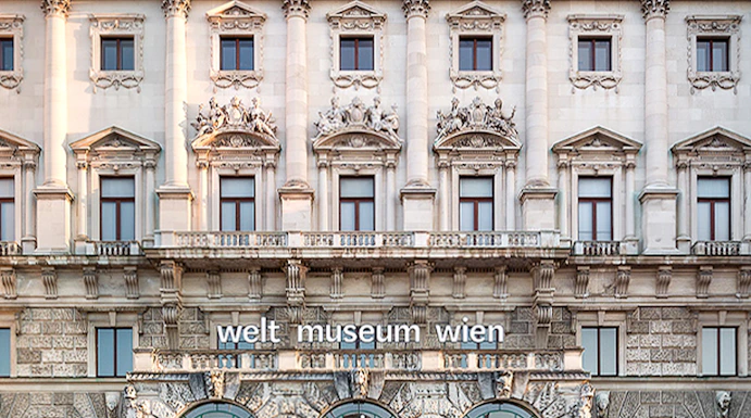 Welt Museum Vienna facade with ornate architecture, Vienna, Austria.