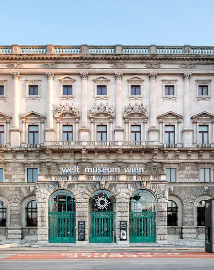 Welt Museum Vienna facade with ornate architecture, Vienna, Austria.
