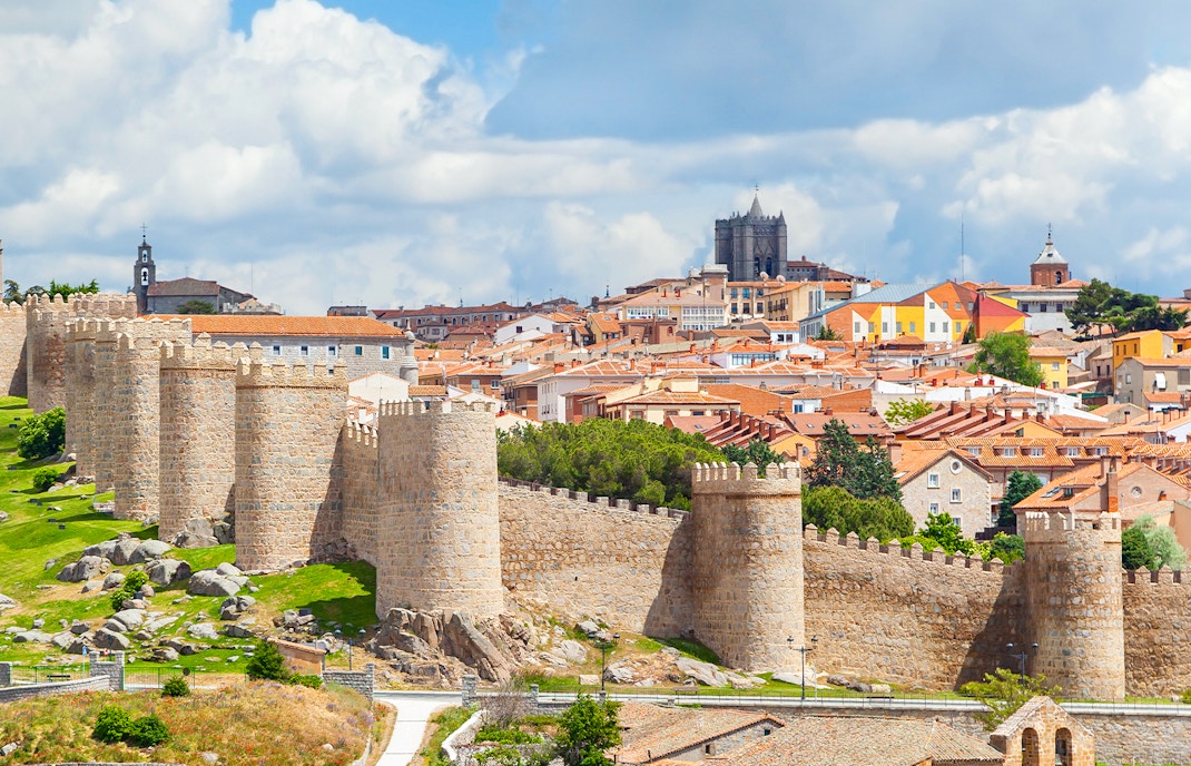 Medieval walls surrounding the historical city of Avila, Spain.