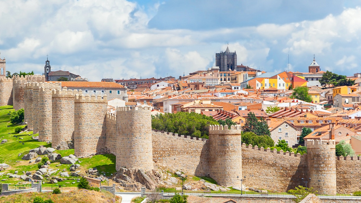 Medieval walls surrounding the historical city of Avila, Spain.