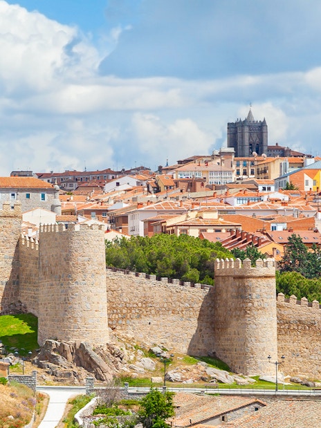 Medieval walls surrounding the historical city of Avila, Spain.