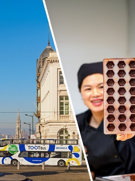 Brussels city tour bus near statue and chocolatier holding chocolate mold.