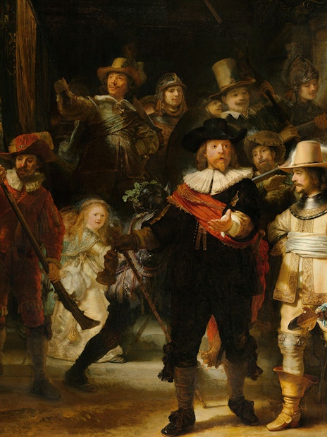 Rijksmuseum visitors viewing Rembrandt's "The Night Watch" in Amsterdam, highlighting Dutch art.