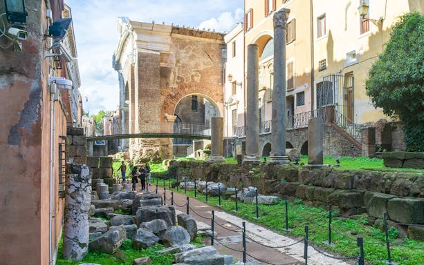 Theatre of Marcellus ruins with Portico of Octavia in the background, Rome, Italy.