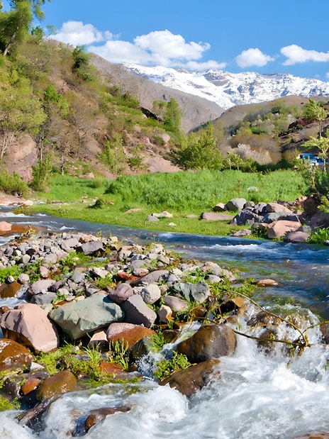 Setti Fatma waterfalls flowing through Ourika Valley, Morocco with lush greenery and distant mountains.