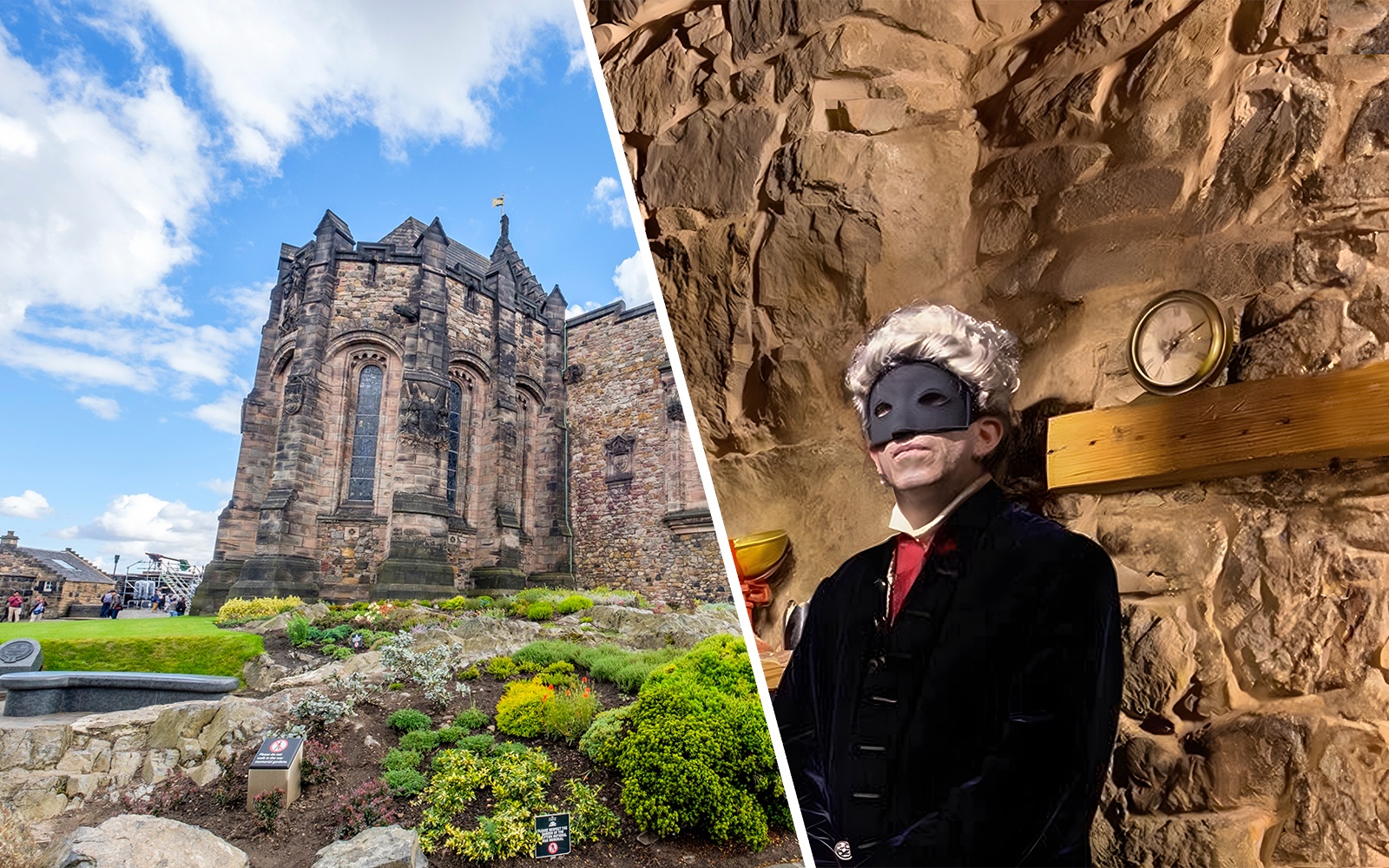 Edinburgh Castle exterior and actor in period costume during Underground Ghost Experience.