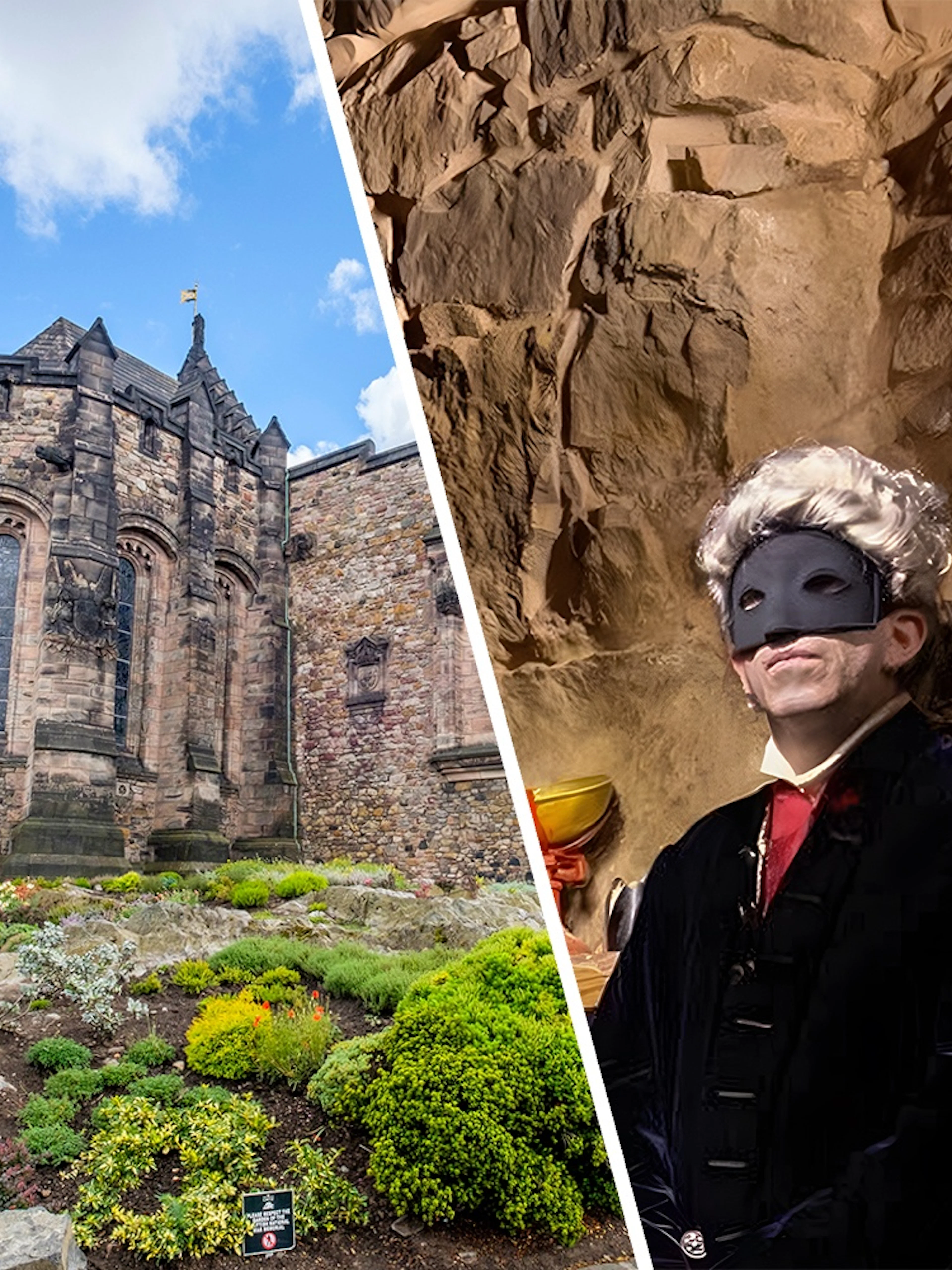 Edinburgh Castle exterior and actor in period costume during Underground Ghost Experience.