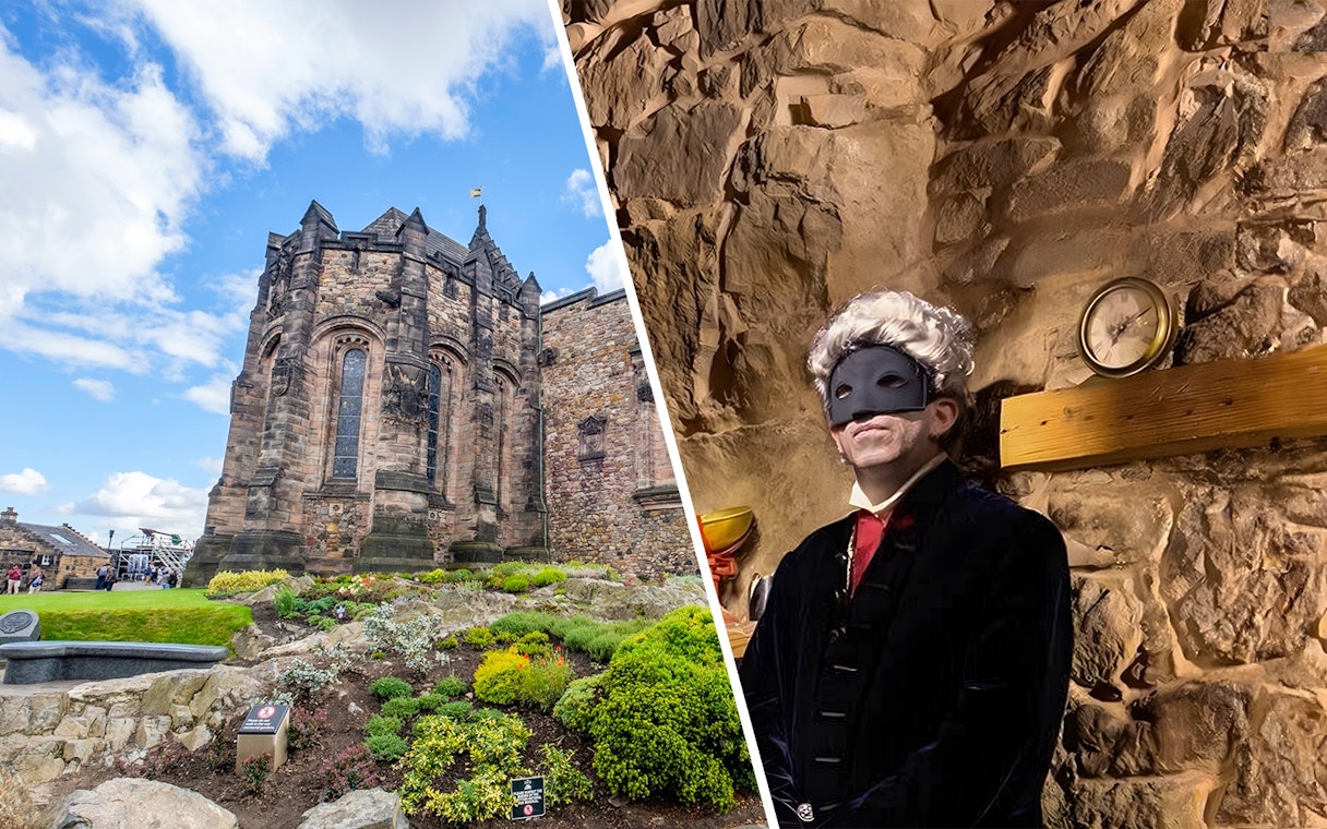 Edinburgh Castle exterior and actor in period costume during Underground Ghost Experience.