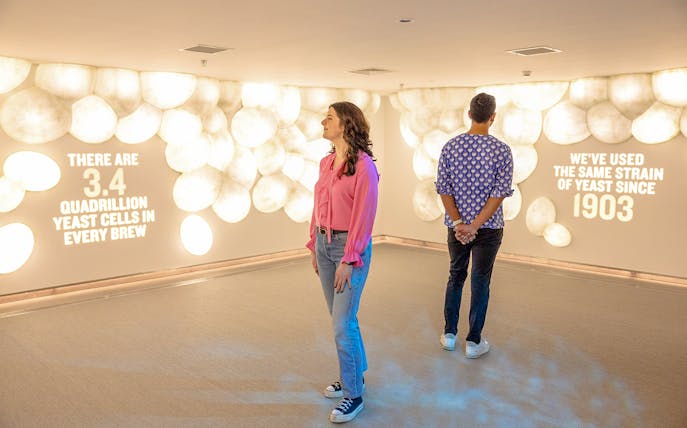 Guests viewing yeast cell exhibit at Guinness Storehouse.