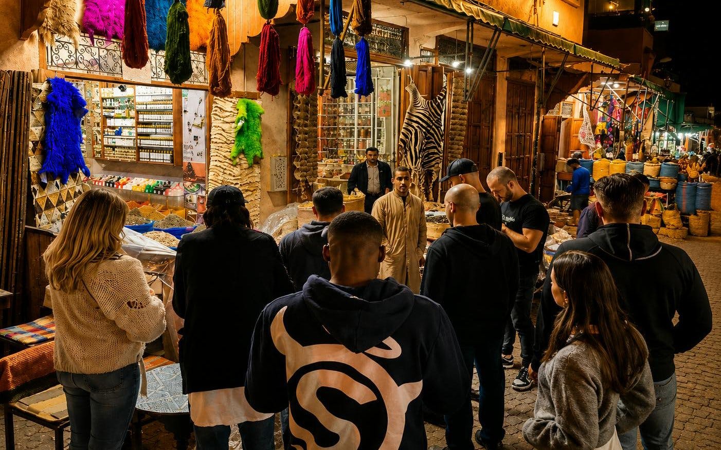 Tour group exploring vibrant Marrakech souk with colorful textiles and spices.