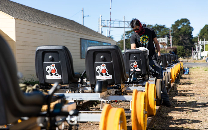 Rail bikes being prepared for a ride in San Francisco.