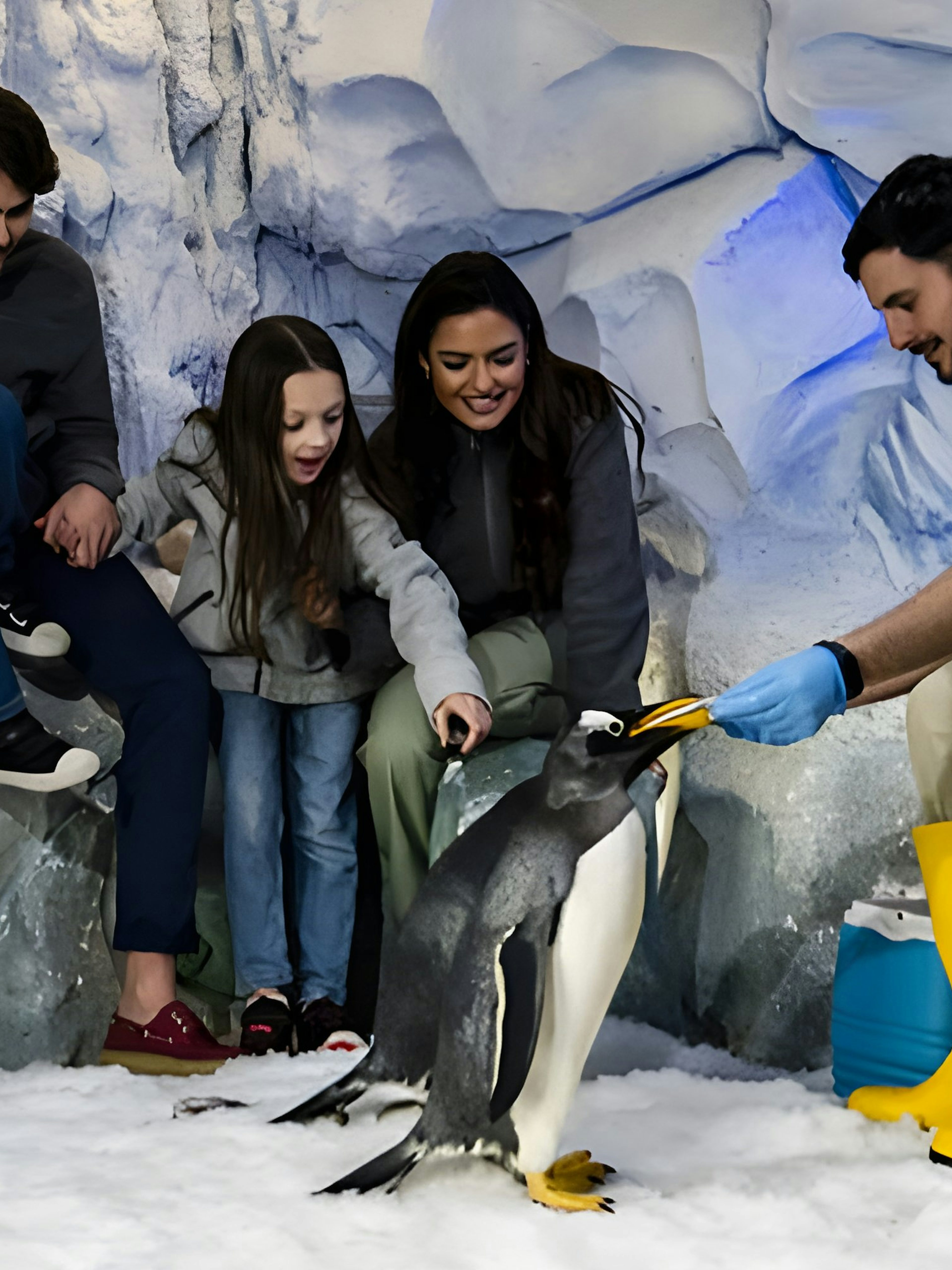 Family interacting with a penguin during a guided encounter at Selwo Marina.
