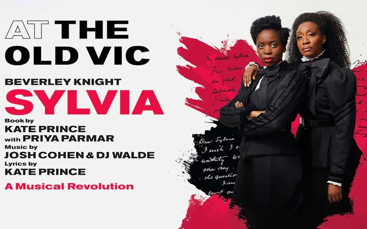 Sylvia musical poster at The Old Vic featuring two performers in black attire.