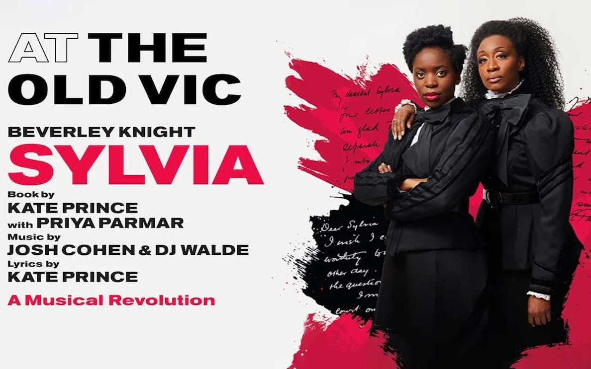 Sylvia musical poster at The Old Vic featuring two performers in black attire.