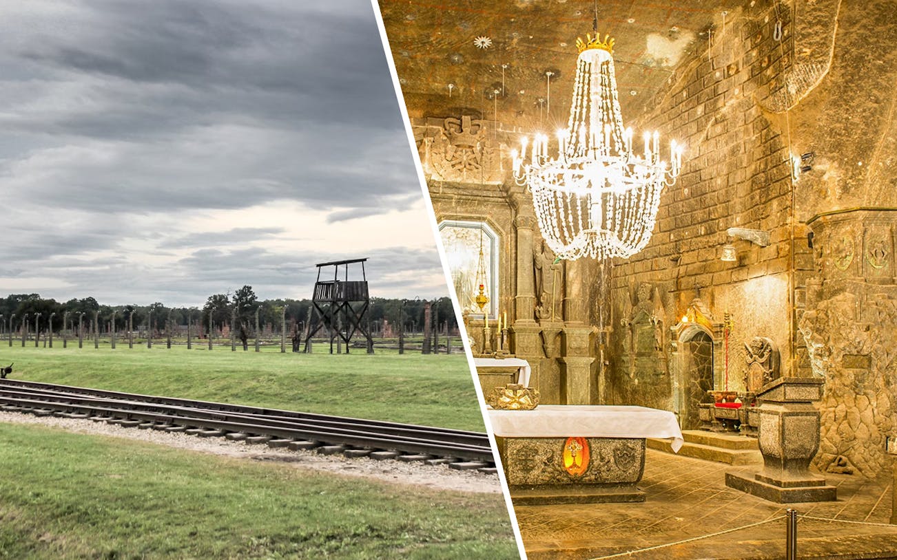 Auschwitz-Birkenau watchtower and Wieliczka Salt Mine chapel with chandelier, Krakow tour.