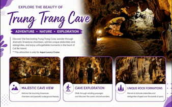 Trung Trang Cave exploration with limestone chambers and stalactites on Ha Long & Lan Ha Bay luxury cruise.