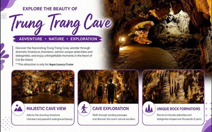 Trung Trang Cave exploration with limestone chambers and stalactites on Ha Long & Lan Ha Bay luxury cruise.
