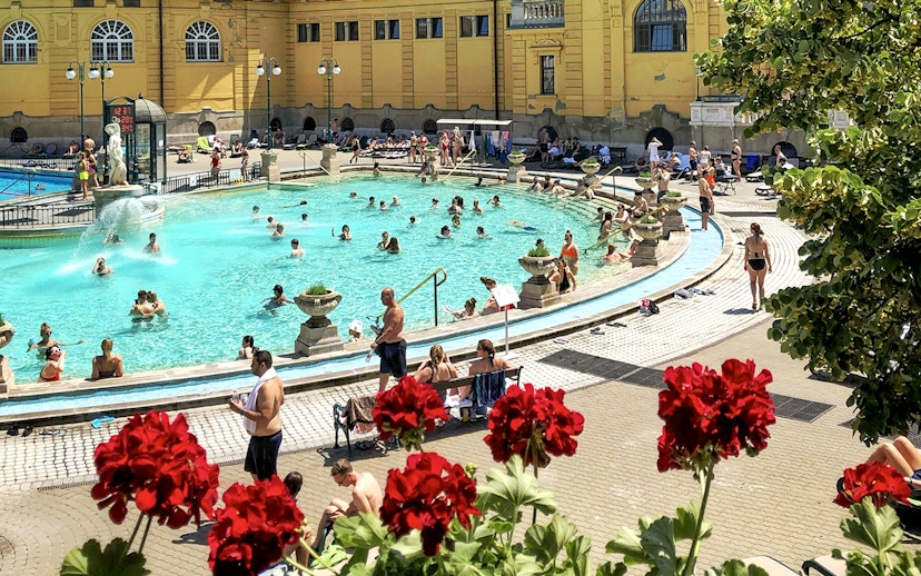 Guests relaxing in the pools at Széchenyi Spa, Budapest.