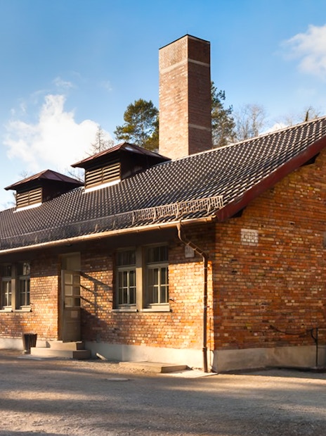 Dachau Concentration Camp building exterior on guided tour from Munich.