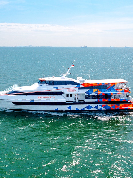 Ferry traveling from Singapore to Batam across the sea.