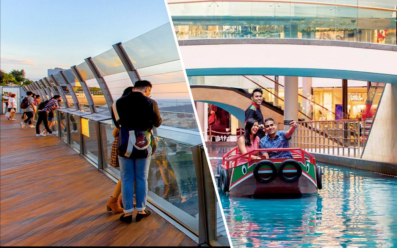 Marina Bay Sands SkyPark view and Sampan boat ride in Singapore mall.
