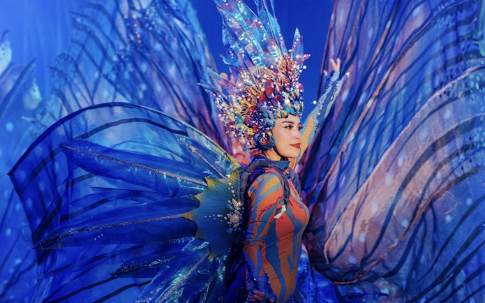 Performer in vibrant costume at Varuna Underwater Show, Bali Safari & Marine Park.