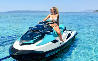 Jet skiing on clear waters in Cannes, French Riviera, France.