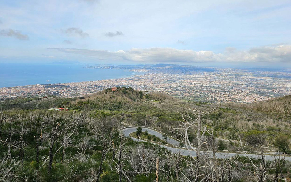 View of Naples and coastline from Mount Vesuvius on guided e-bike tour from Sorrento.