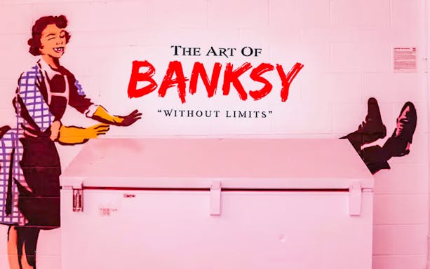 Banksy artwork with a woman and legs in a freezer at "Without Limits" exhibition, Singapore.