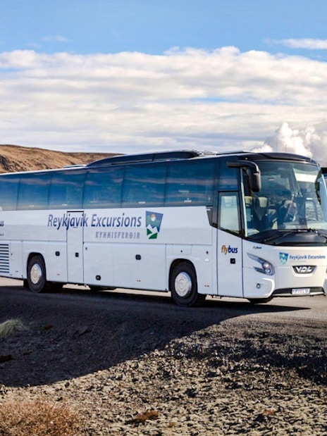 Reykjavik Excursions transfer bus on a scenic road in Iceland.