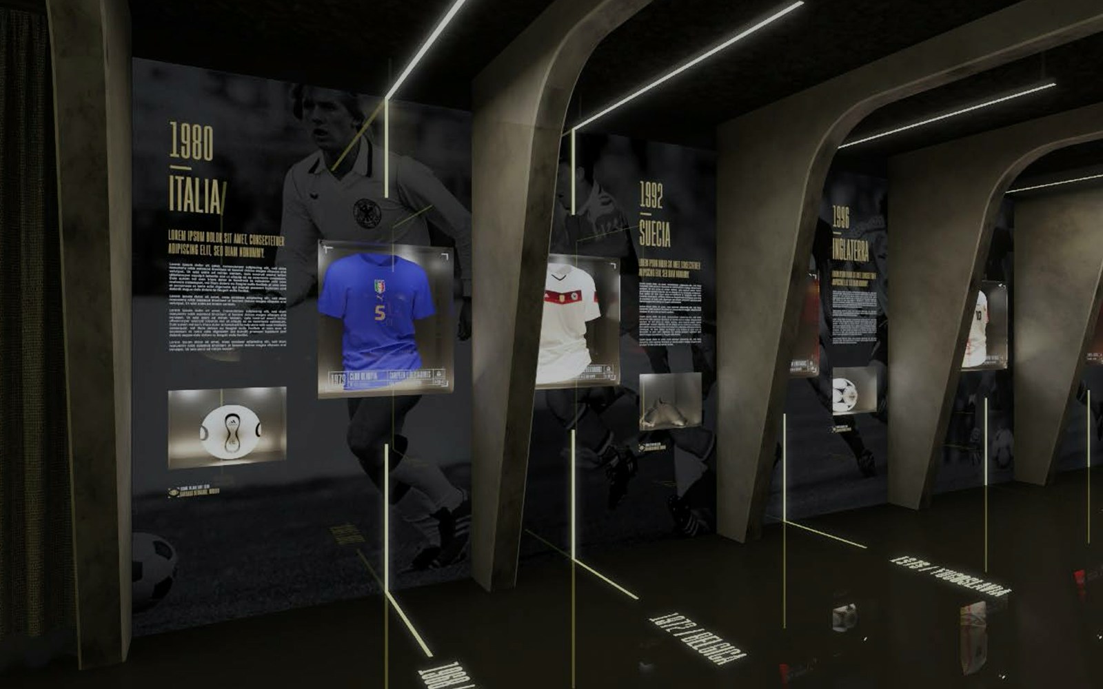 Football jerseys displayed at LEGENDS: The Home of Football in Madrid.