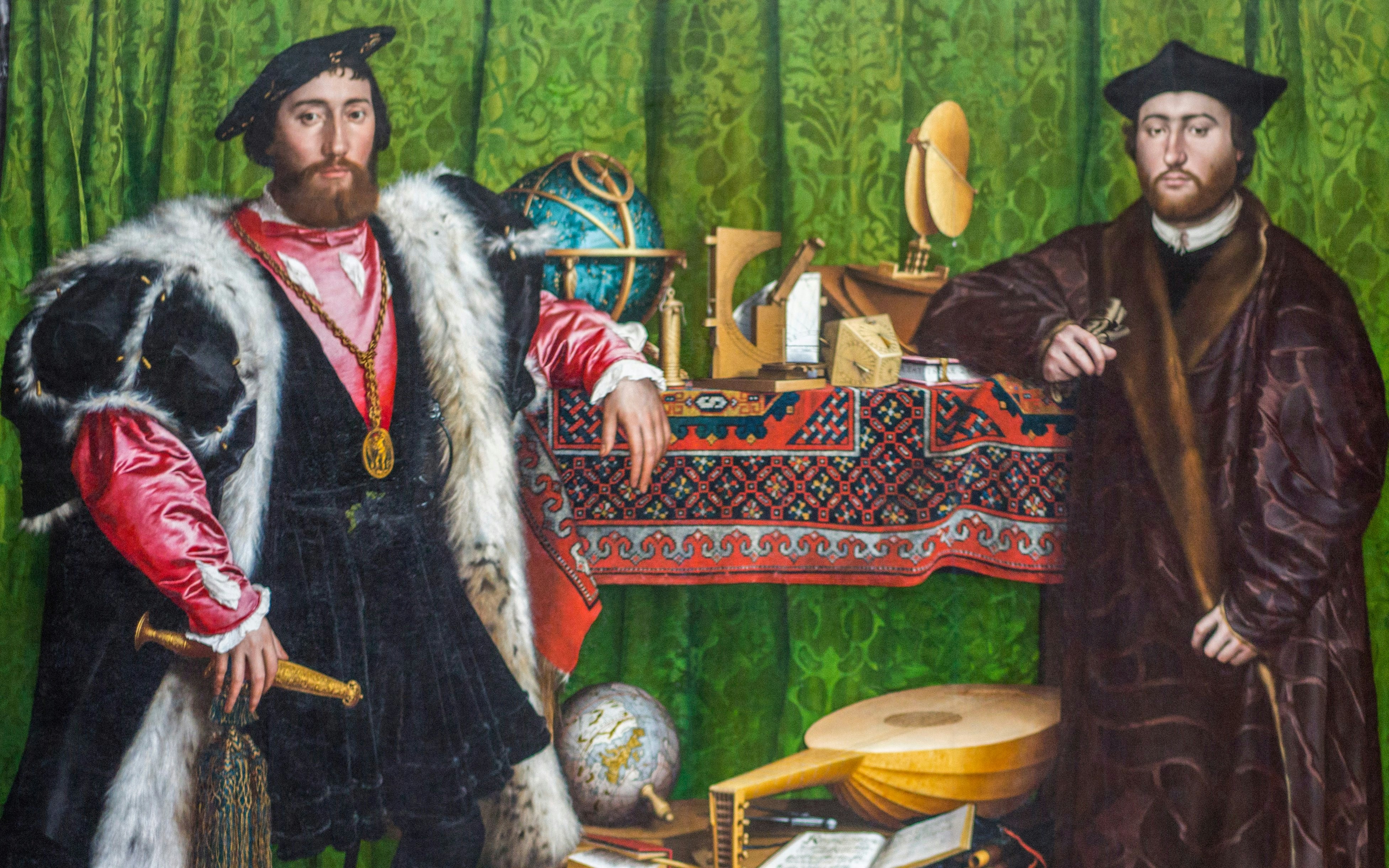 Two men in 16th-century attire with scientific instruments and a globe, from Holbein's "The Ambassadors.