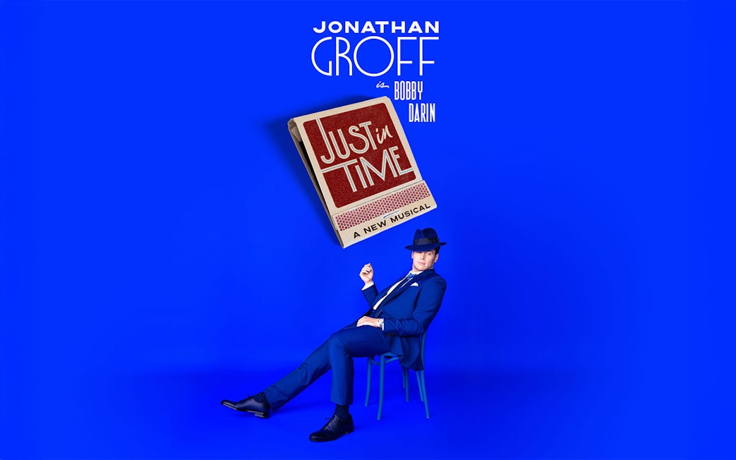 Just In Time musical poster with a person in a blue suit and hat.