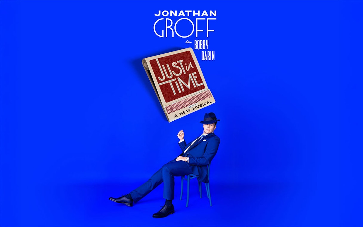 Just In Time musical poster with a person in a blue suit and hat.