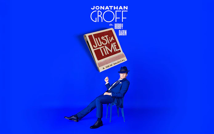 Just In Time musical poster with a person in a blue suit and hat.