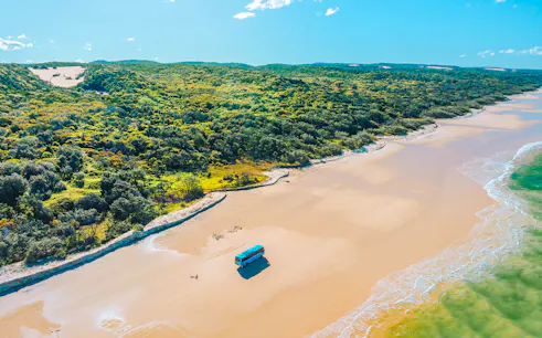 4 wheel drive coach on K'gari beach, Fraser Island, with lush greenery and ocean waves.