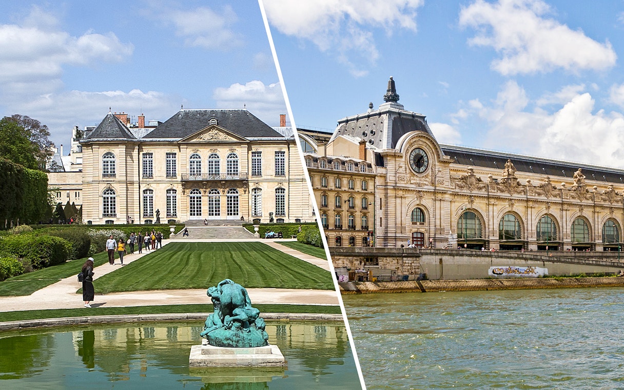 Rodin Museum garden and Orsay Museum exterior in Paris, France.
