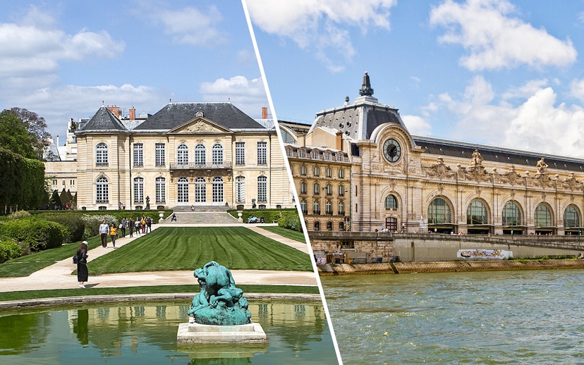Rodin Museum garden and Orsay Museum exterior in Paris, France.