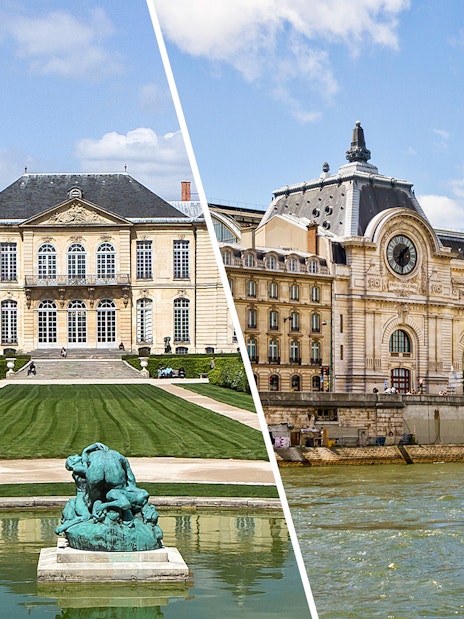 Rodin Museum garden and Orsay Museum exterior in Paris, France.