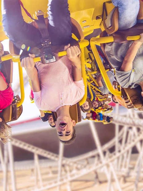 People enjoying Flying Aces ride at Ferrari World, Abu Dhabi.