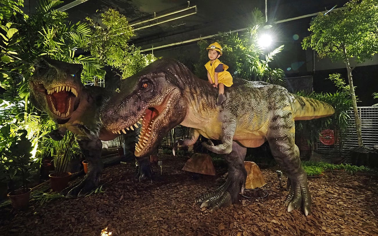 Child riding a dinosaur model at Dinoland Singapore exhibit.