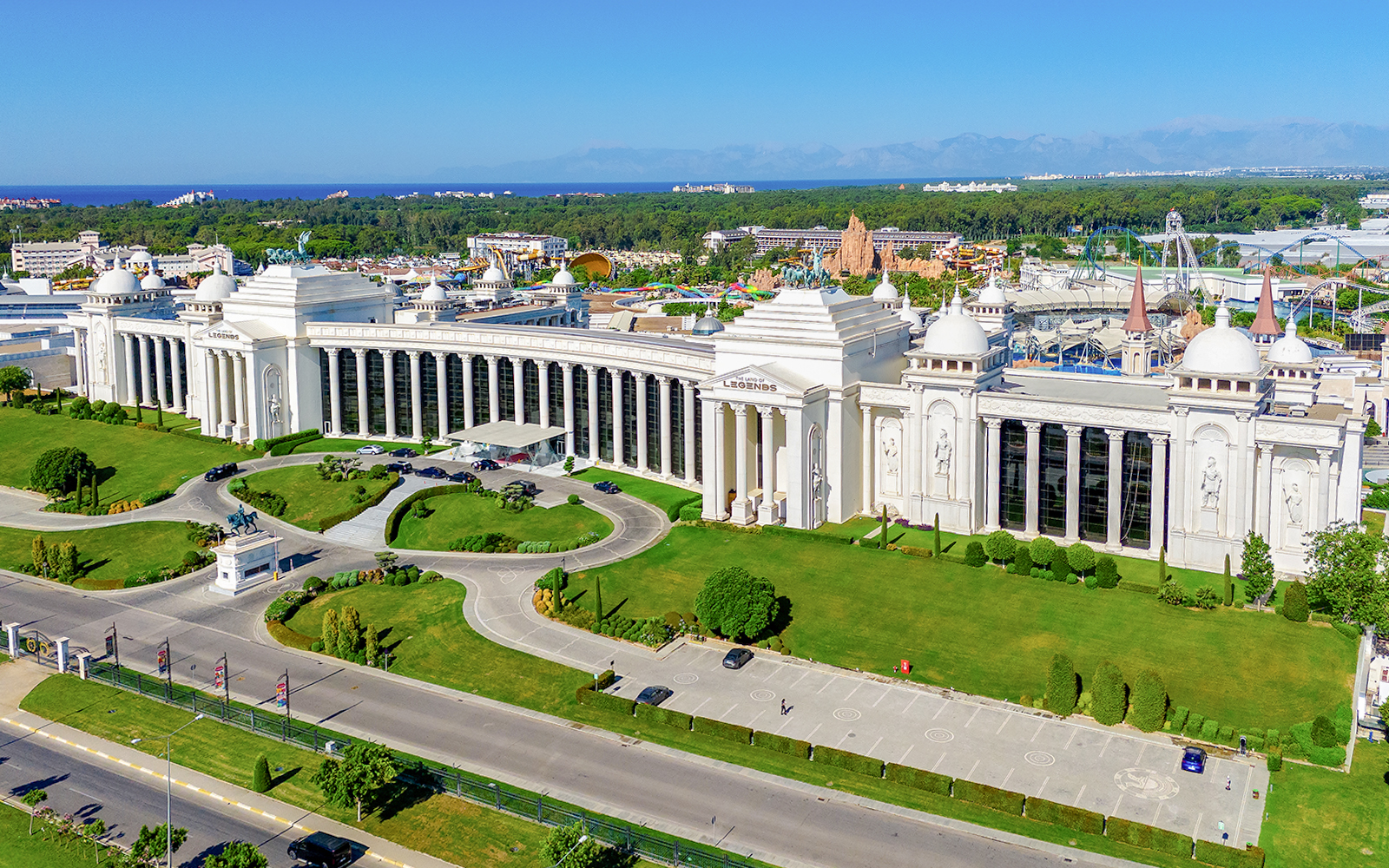Aerial view of The Land of Legends theme park entrance, Antalya, Turkey.