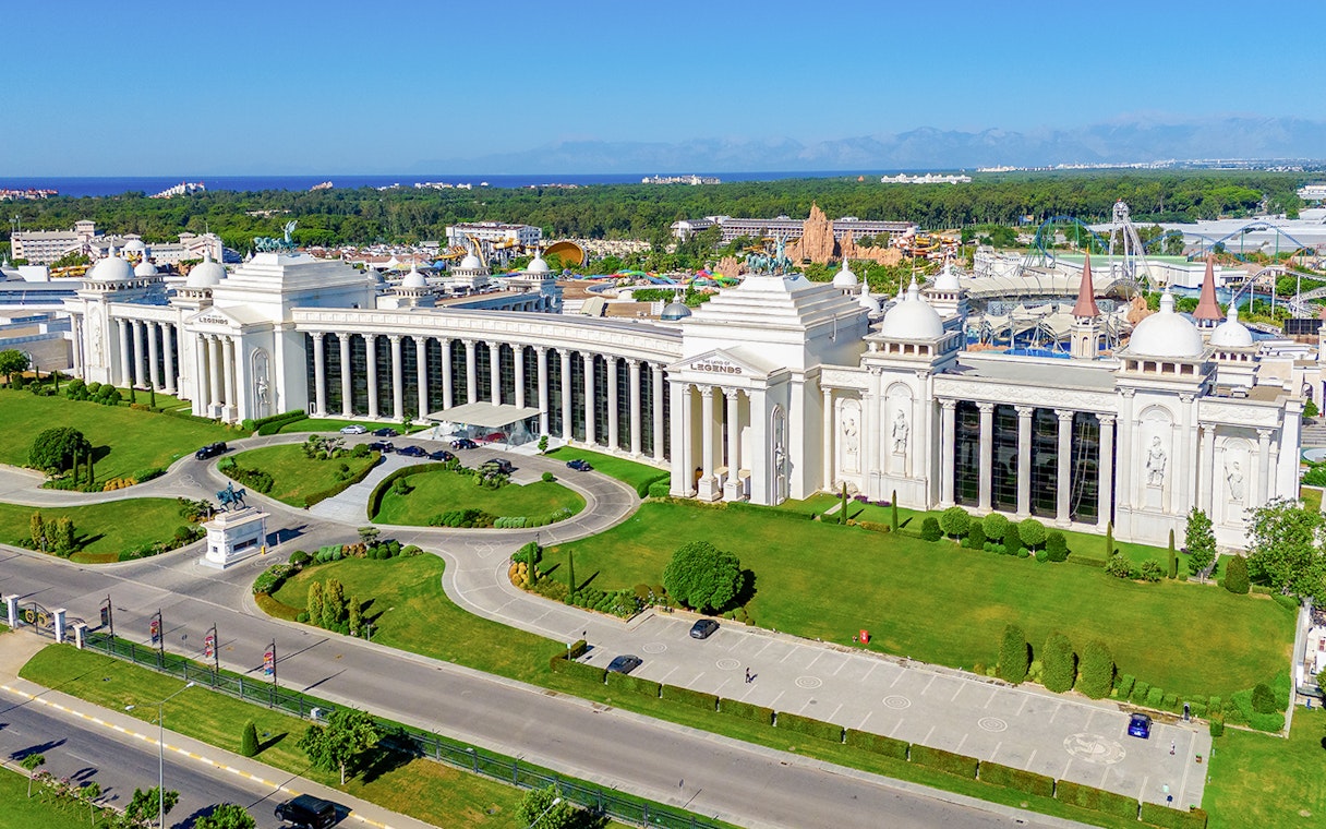 Aerial view of The Land of Legends theme park entrance, Antalya, Turkey.